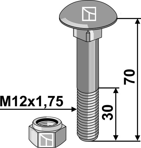 Flachrundschraube M12x1,75 Güte 12.9 mit selbstsichernder Mutter